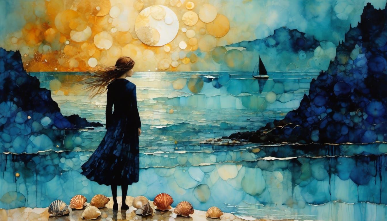 Ethereal Sea Shell Masterpiece in Encaustic Painting Style