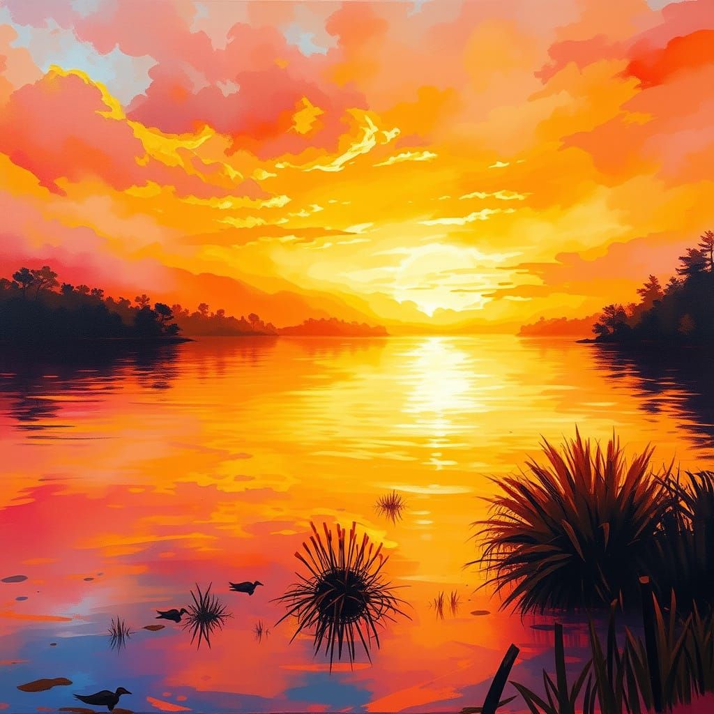 Serene Lake at Golden Hour Impasto Gouache Style