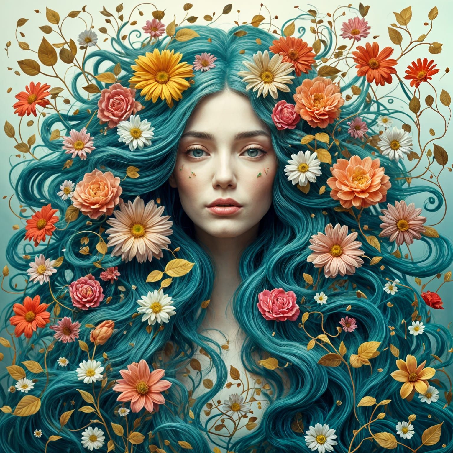 Woman with Flowing Hair and Flowers