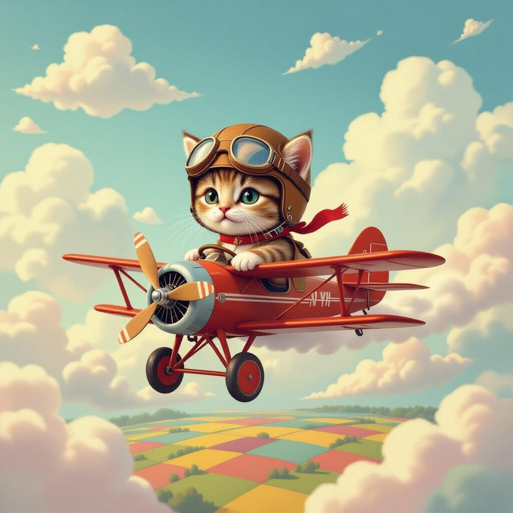 Kitten Pilots Biplane Through Cotton Candy Clouds