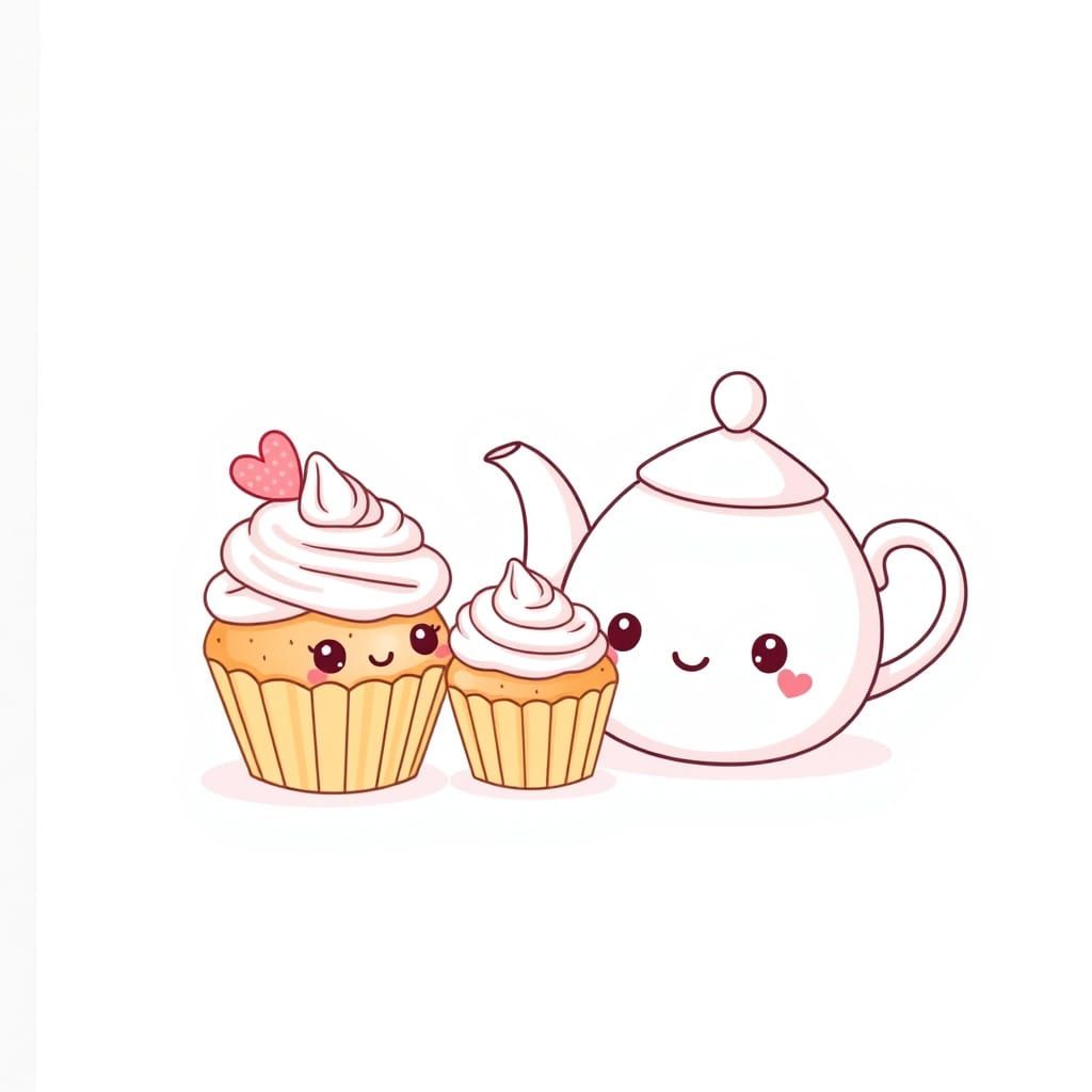 Kawaii Cupcakes and Teapot in Pastel Colors