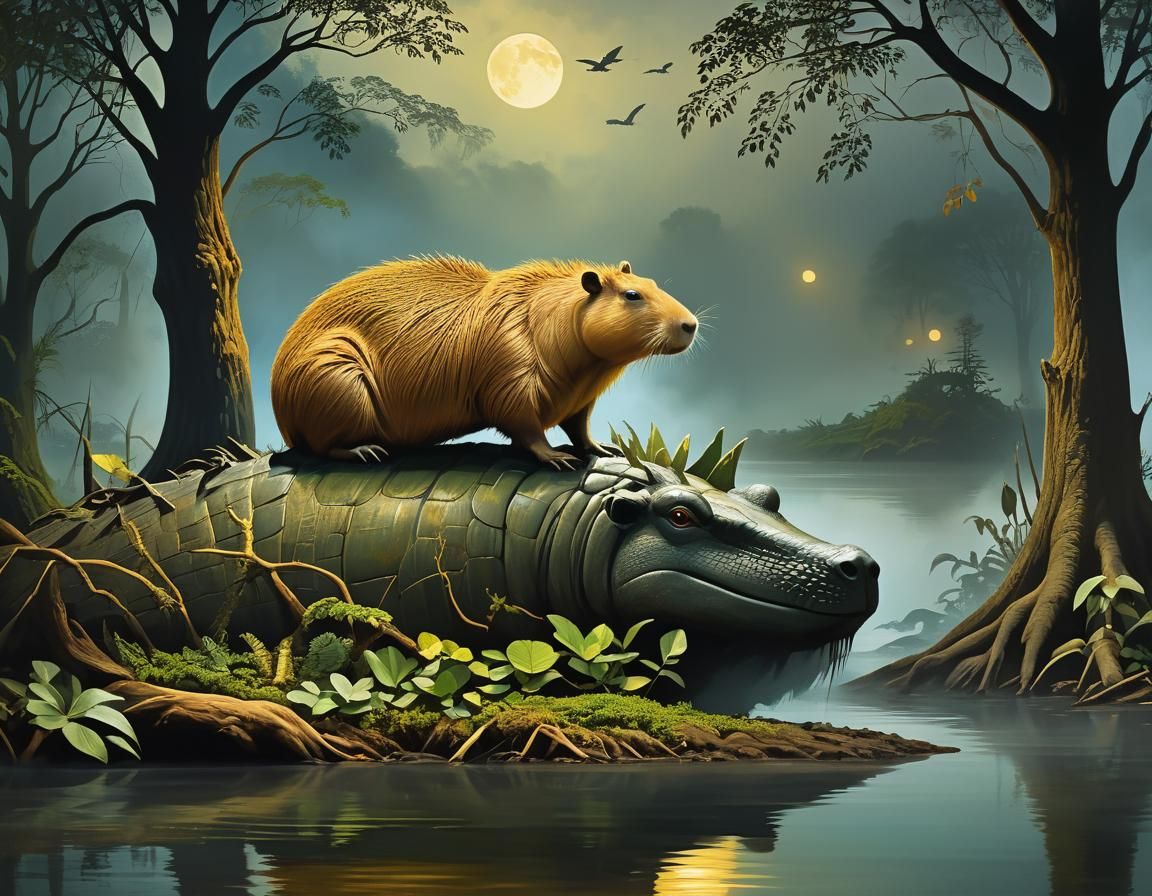 A Capybara riding on a crocodile.