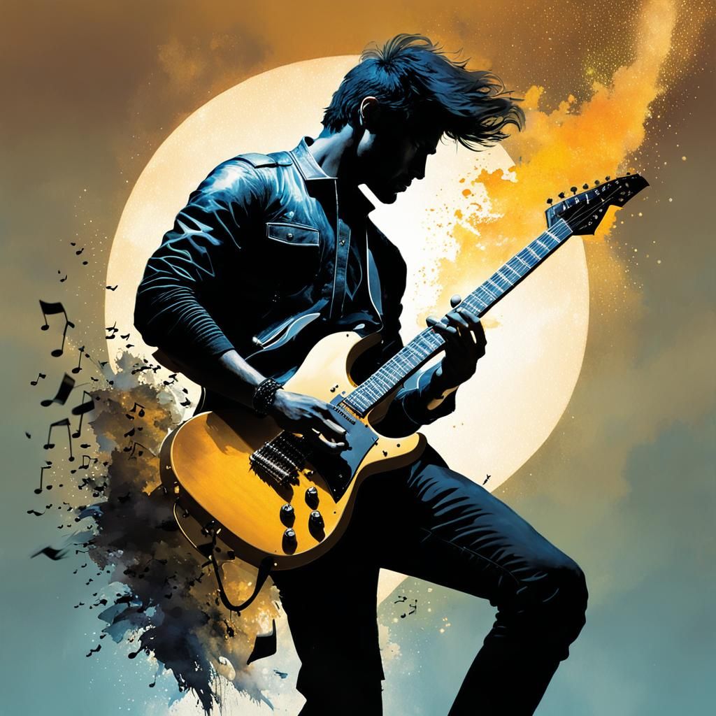 Rock Guitarist Silhouette in Double Exposure Art