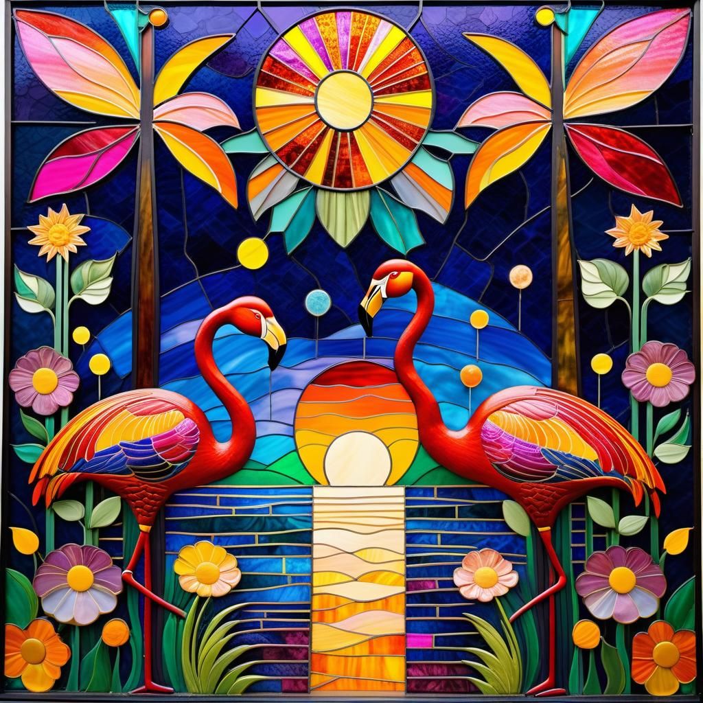 Stained Glass Flamingos in Surreal Abstract Style