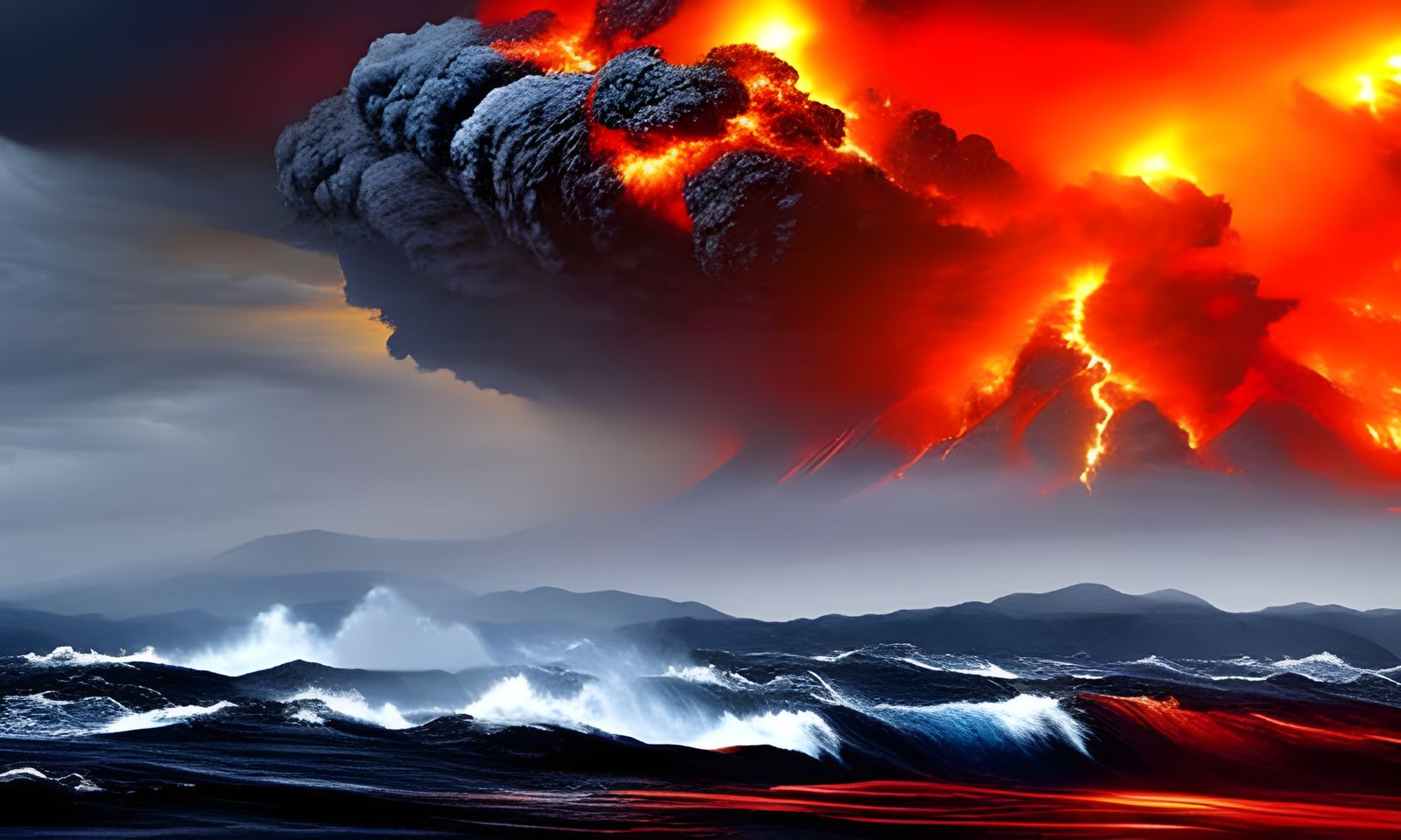 Apocalyptic Volcano Tsunami with Asteroid Impact