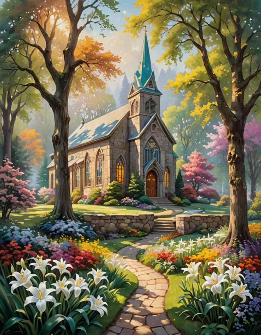 Sunny Country Church in Impressionistic Oil Painting