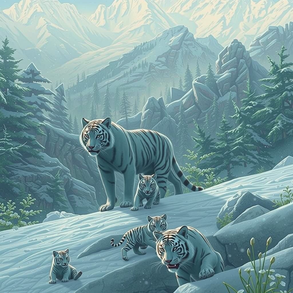 Snow White Tigers in Hyper Realistic Mountain Habitat