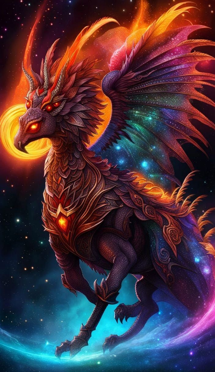 Flaming Space Jabberwocky in Celtic Aetherpunk Style