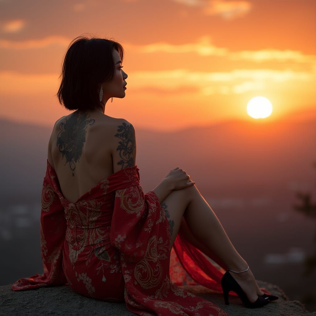 Chinese Woman in Kimono Watching Sunset, Cinematic Style