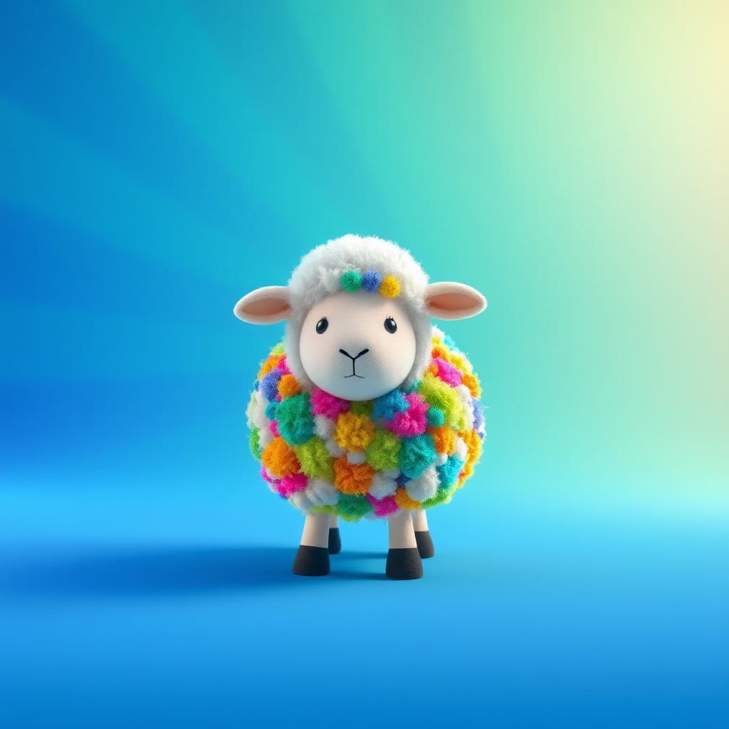Pom-Pom Sheep in Electric Gradient: 3D Digital Art