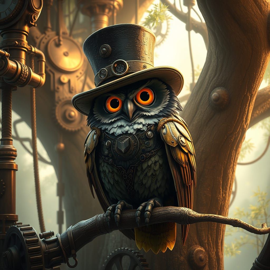 Steampunk Owl in Treehouse Digital Painting