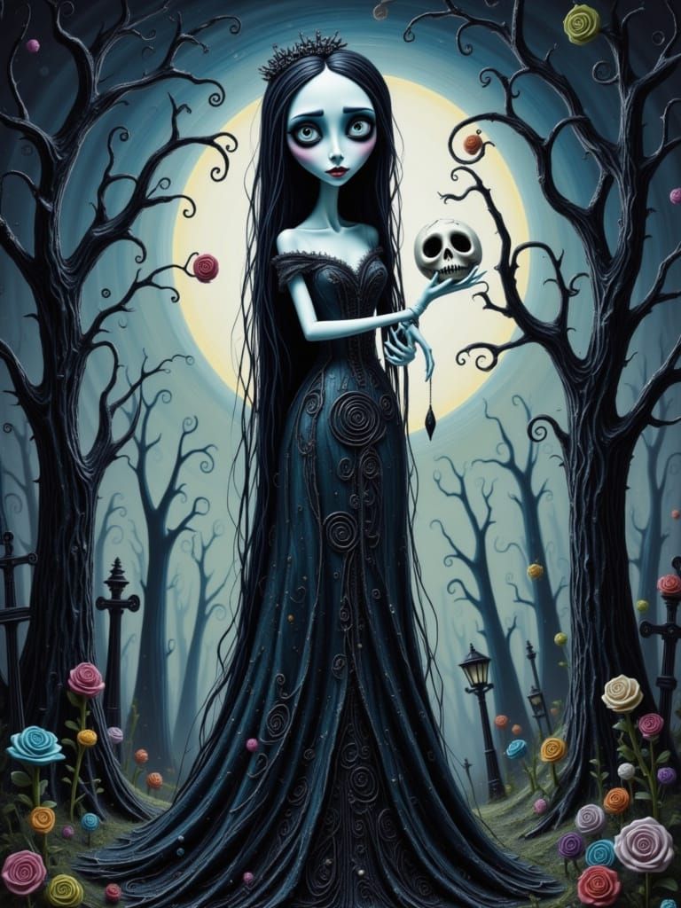 Gothic Woman in Eerie Landscape, in Stylized Aesthetic