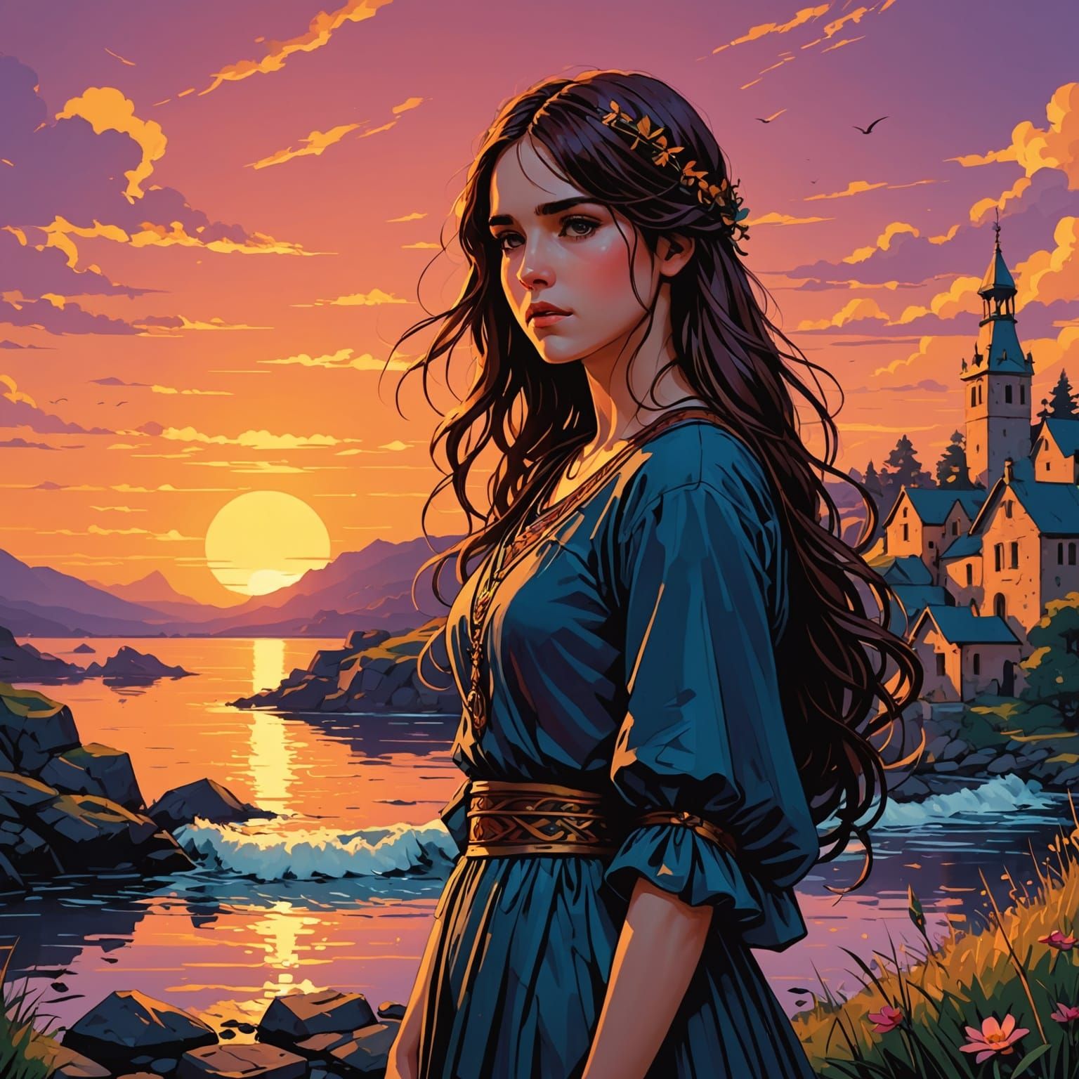 Sunset Scene of a Girl by the River in Anime Style