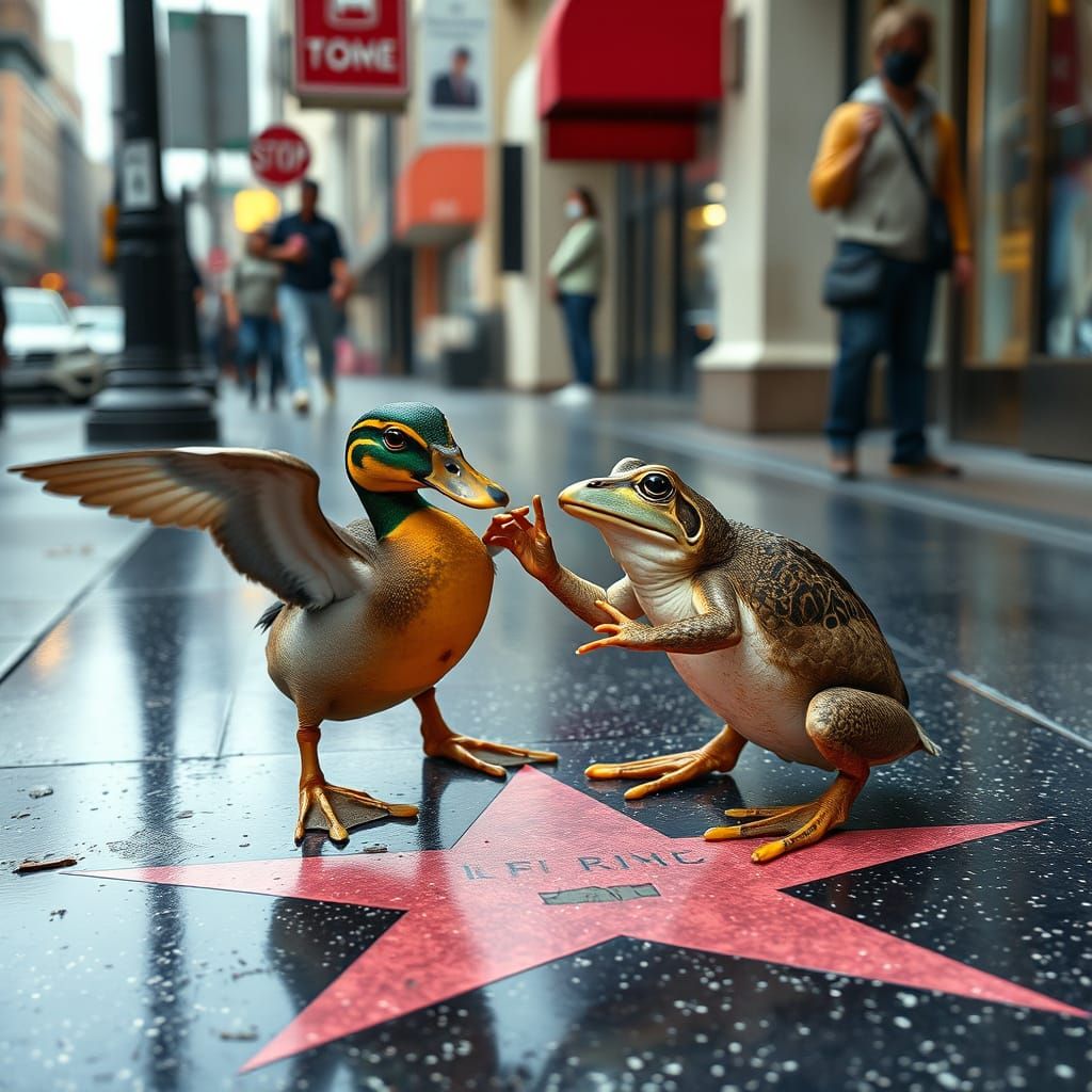 Duck and Frog Battle on Hollywood Walk of Fame