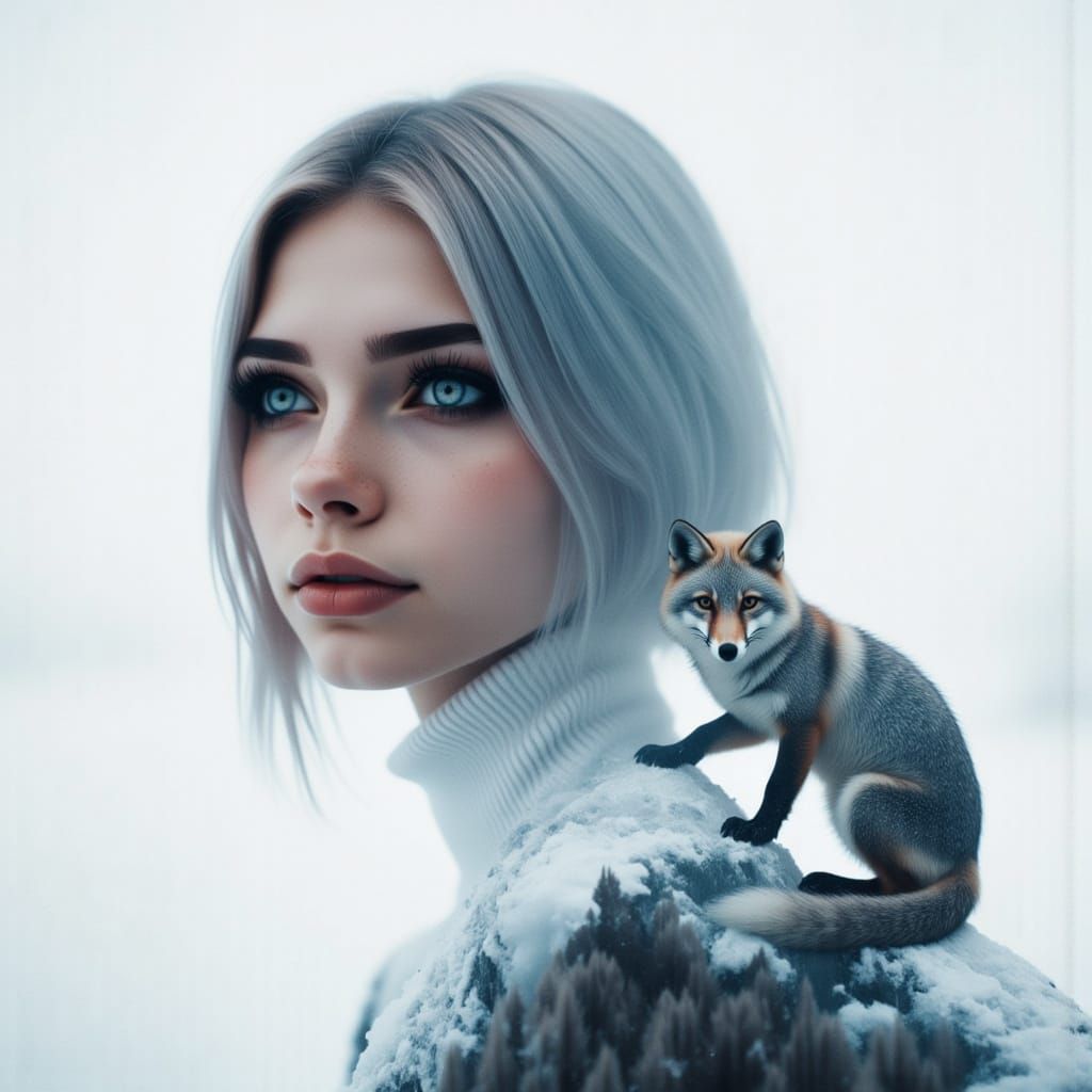 Woman Merged with Snowy Mountain Landscape