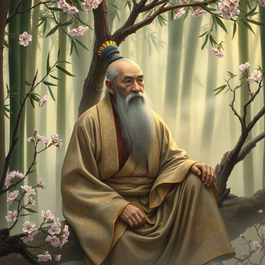 Serene Chinese Elder in Lush Bamboo Forest with Golden Accen...