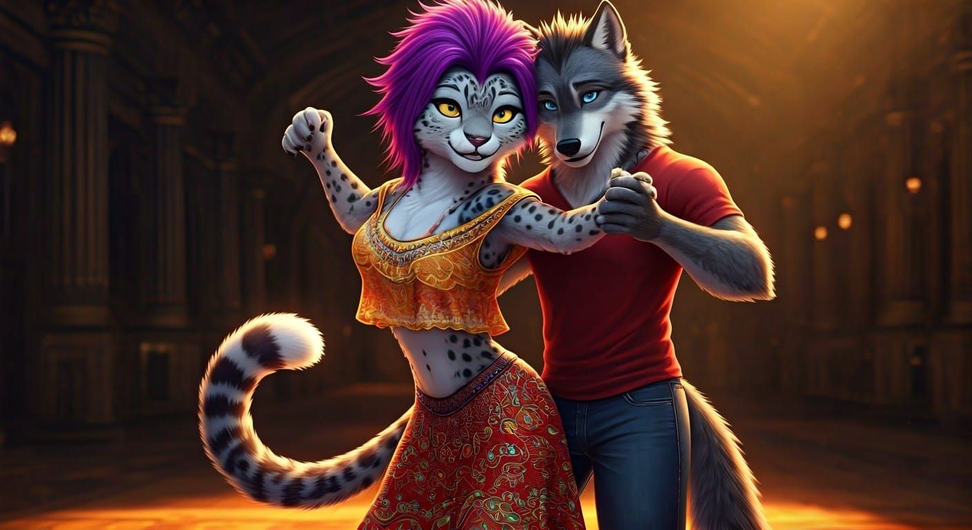 Sultry Snow Leopard Salsa Dancer in Cinematic Film Still Aes...