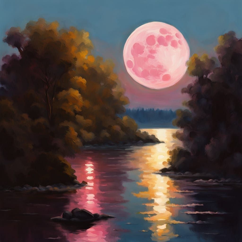 Pink Moon Over Water at Night in Impressionist Style