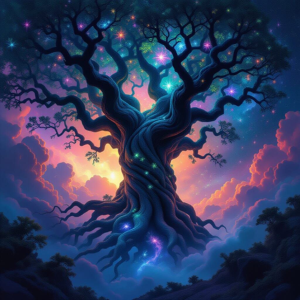 Ancient Tree in Nebula: Cosmic Horror Surrealist Style