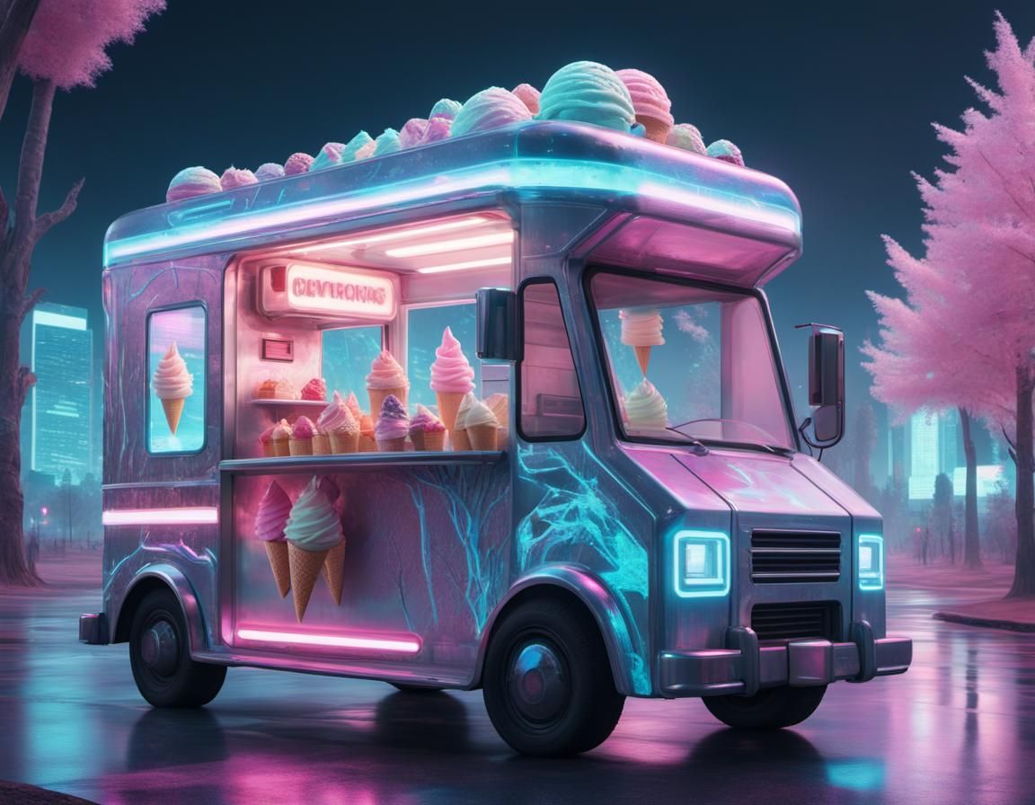 Futuristic Cyberpunk Ice Cream Truck with Androids