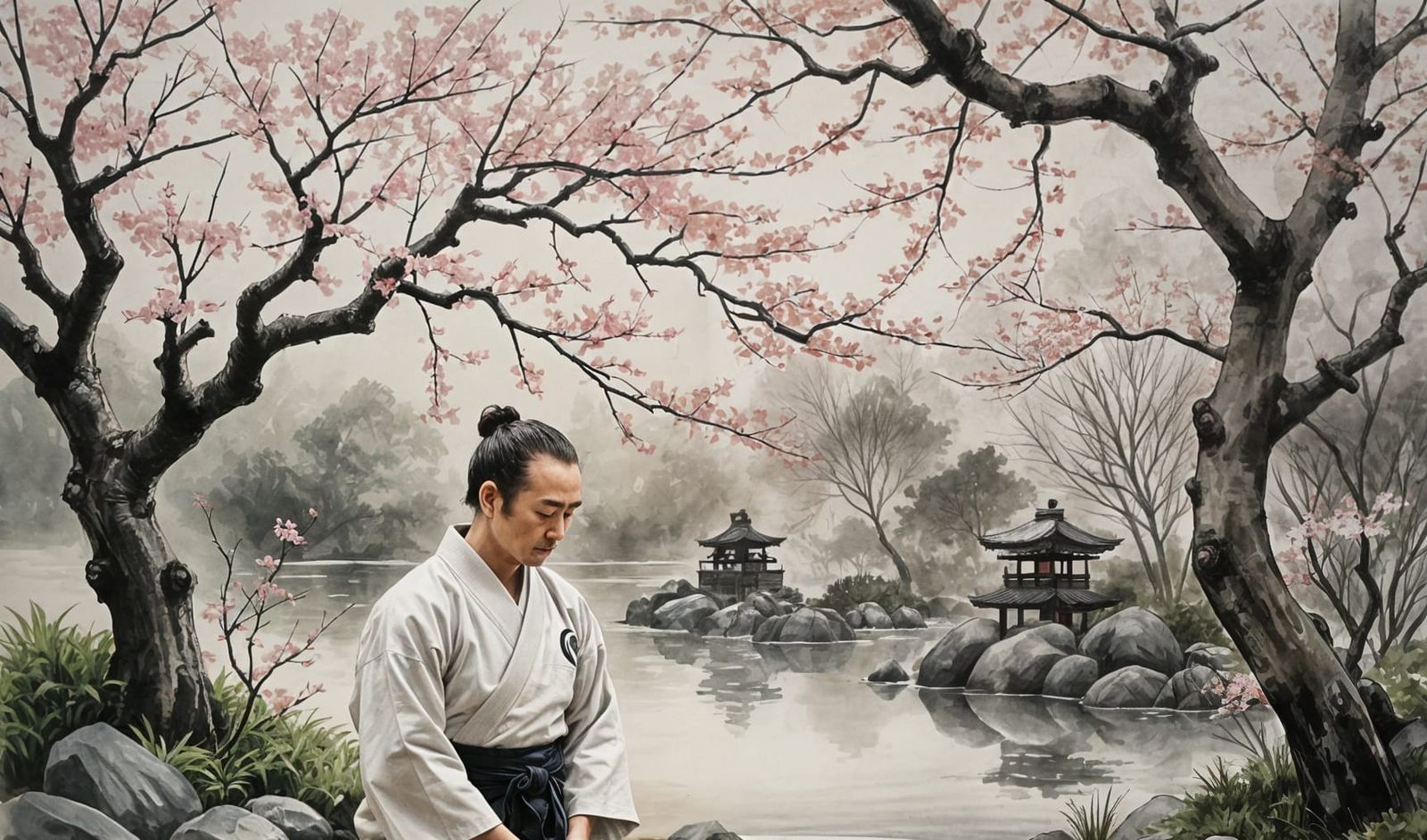 Aikido Master in Japanese Garden, Sumi-e Style