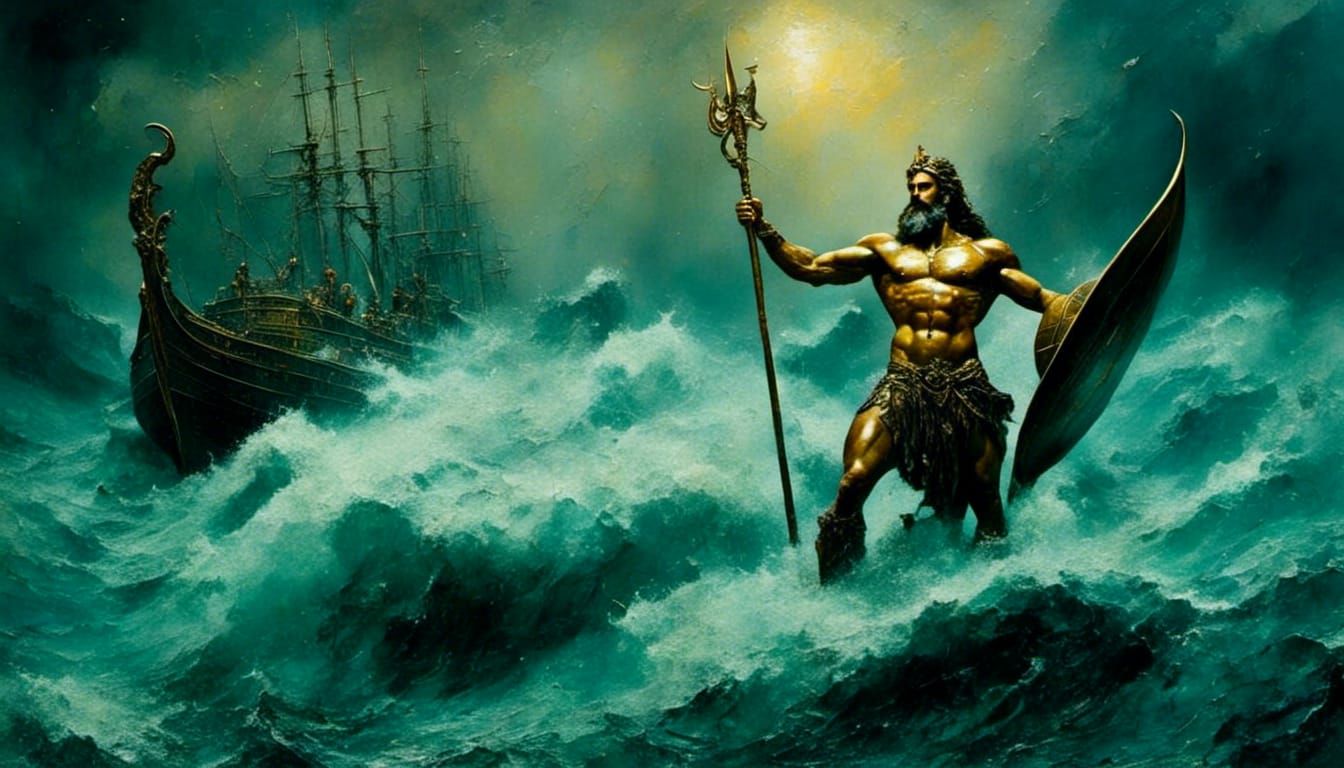 Poseidon Attacks Ship in Stormy Sea