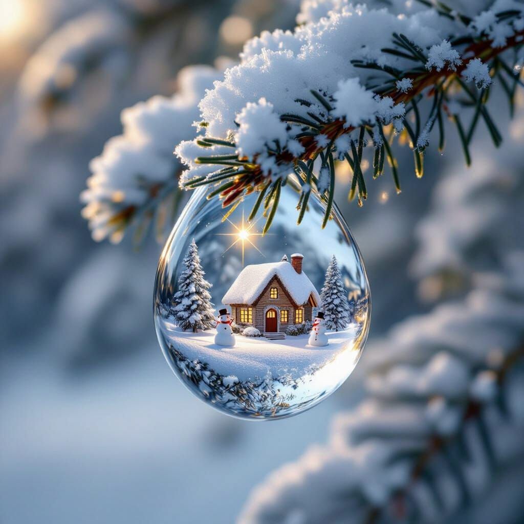 Winter Dewdrop Cottage Scene in Golden Hour Light