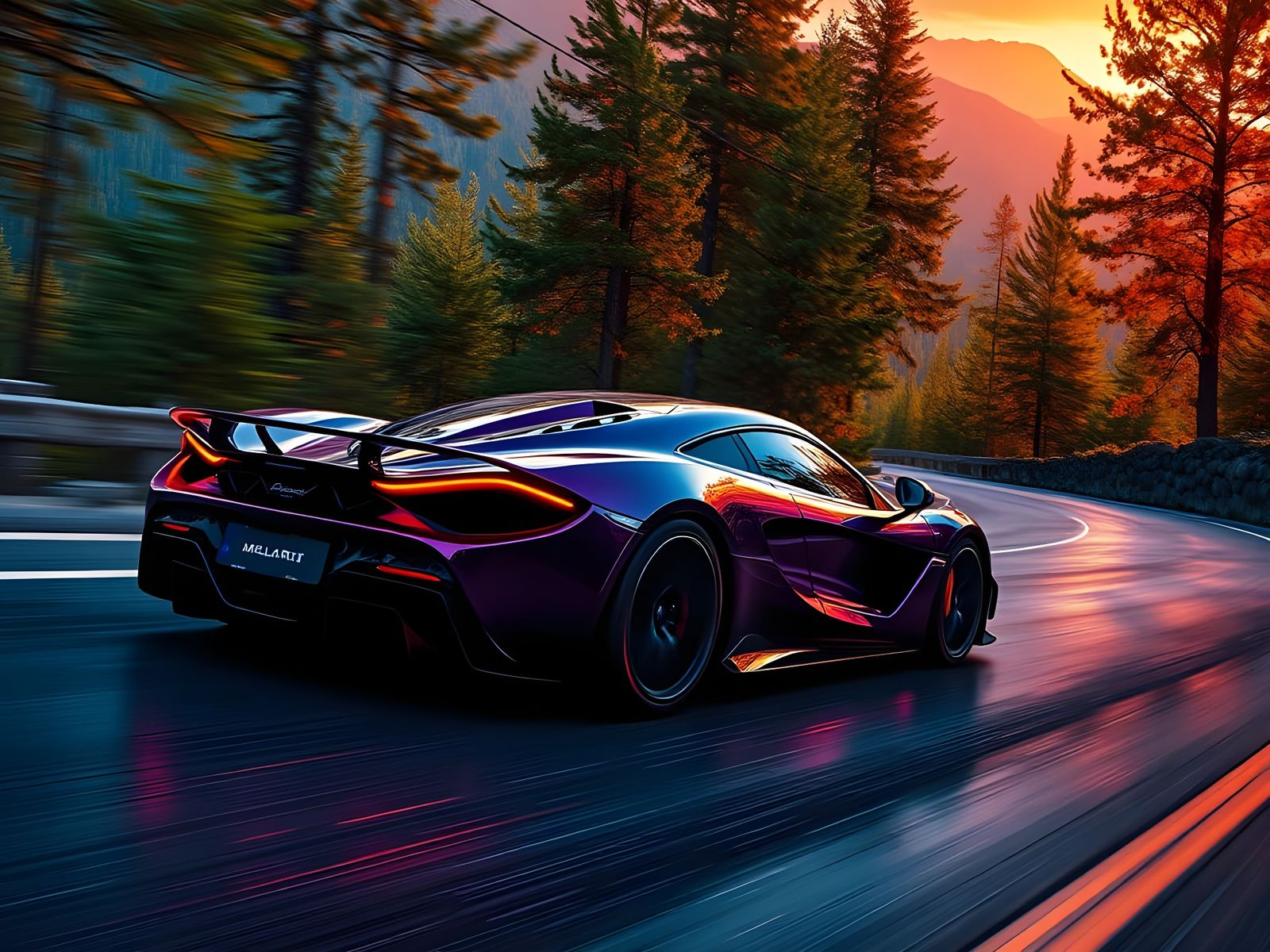 Dark Violet Neon Supercar Races on Mountain Road