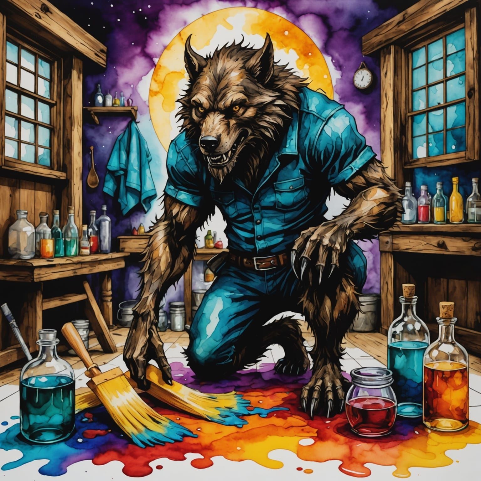 Werewolf Does Morning Chores in Alcohol Ink Style