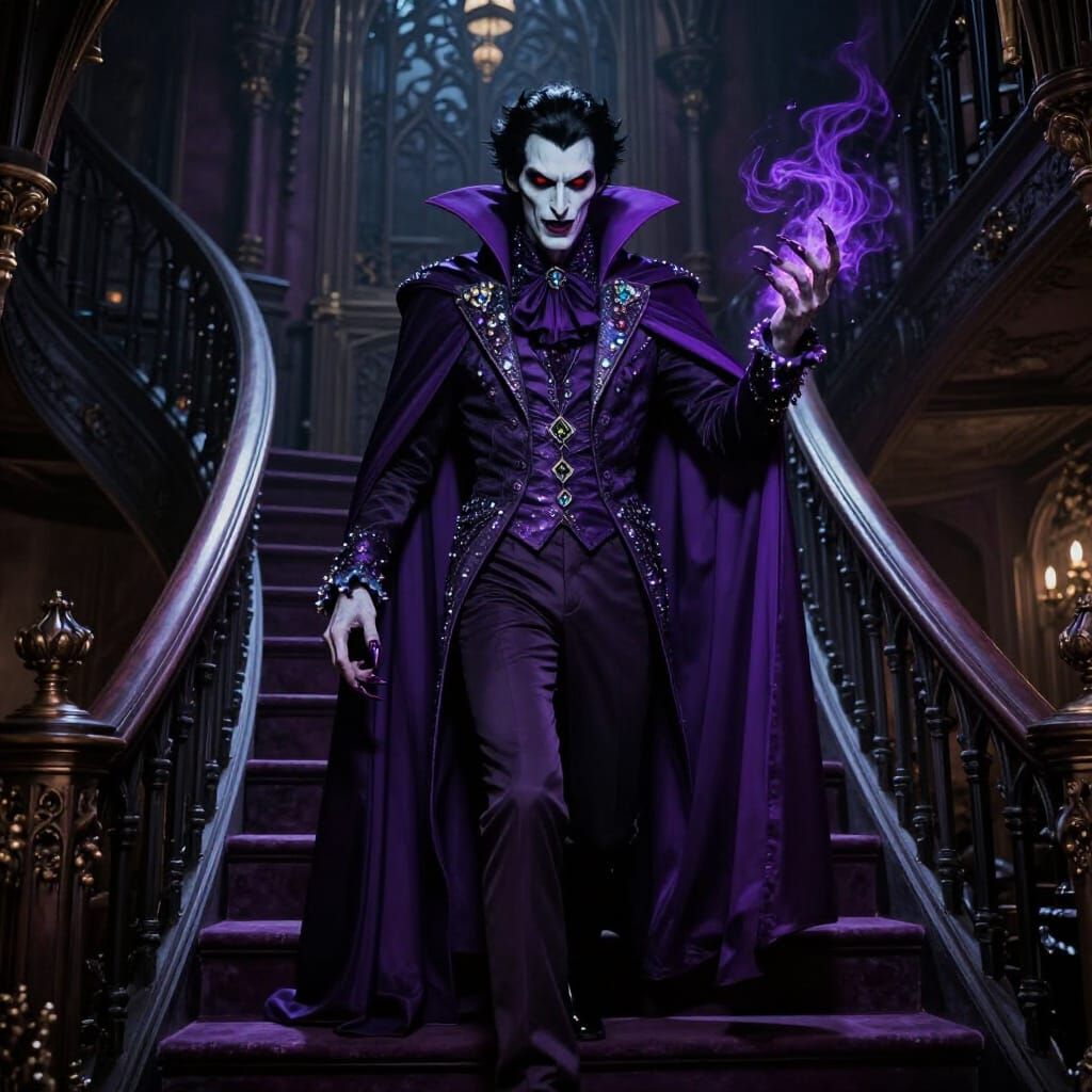 Vampire Descends Grand Staircase in Opulent Gothic Manor