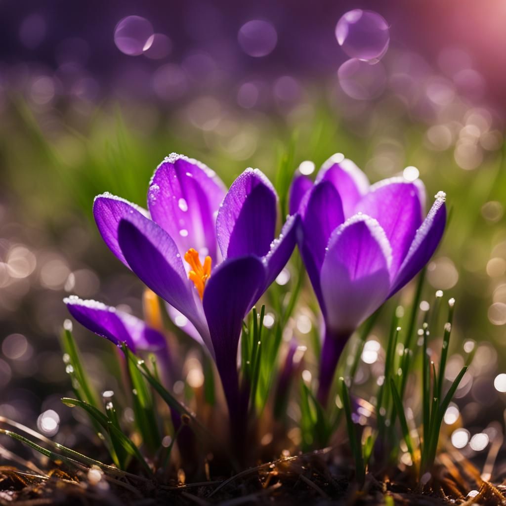 Purple Crocus Flower Blooming with Dew