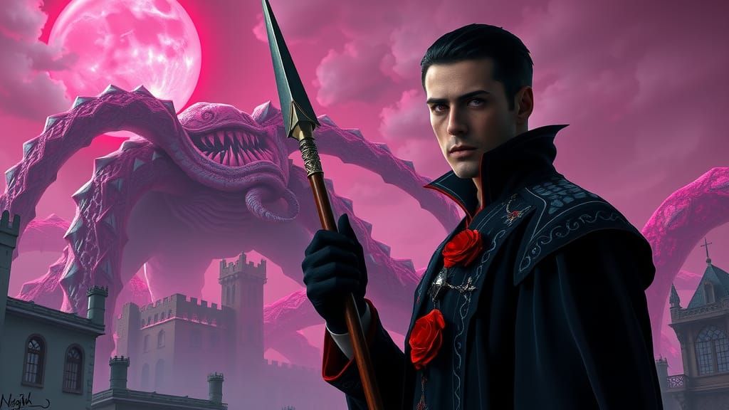Vampire's Pink Battle: Surreal Dark Fantasy Art