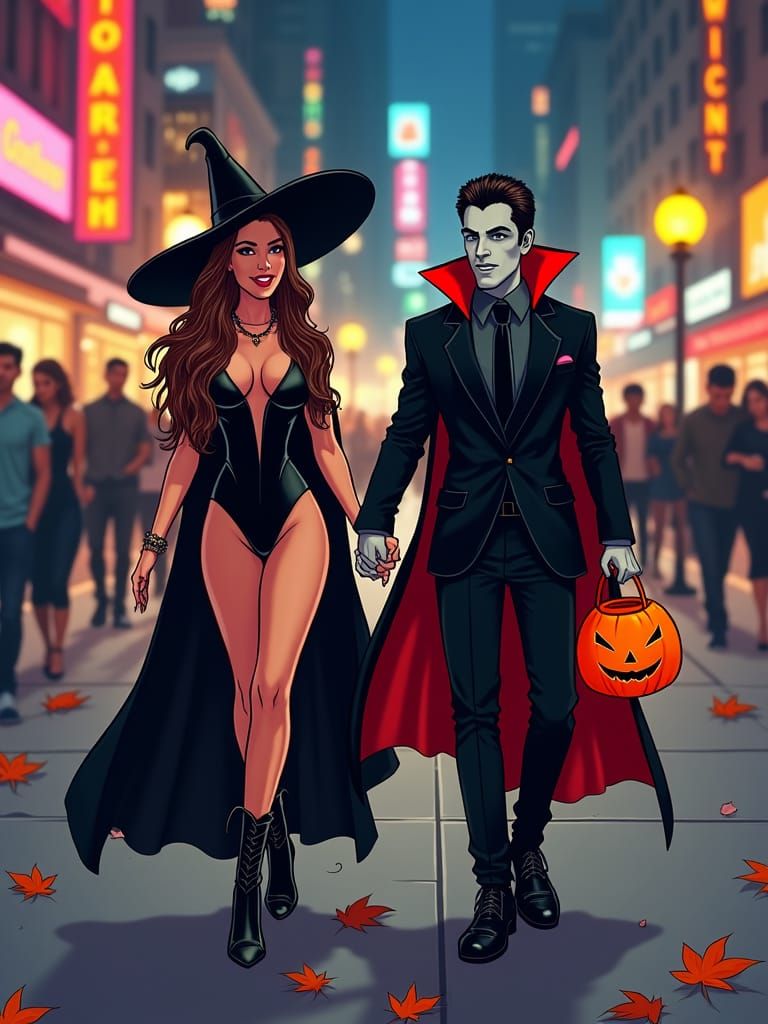 Halloween Vampire and Witch Couple in City