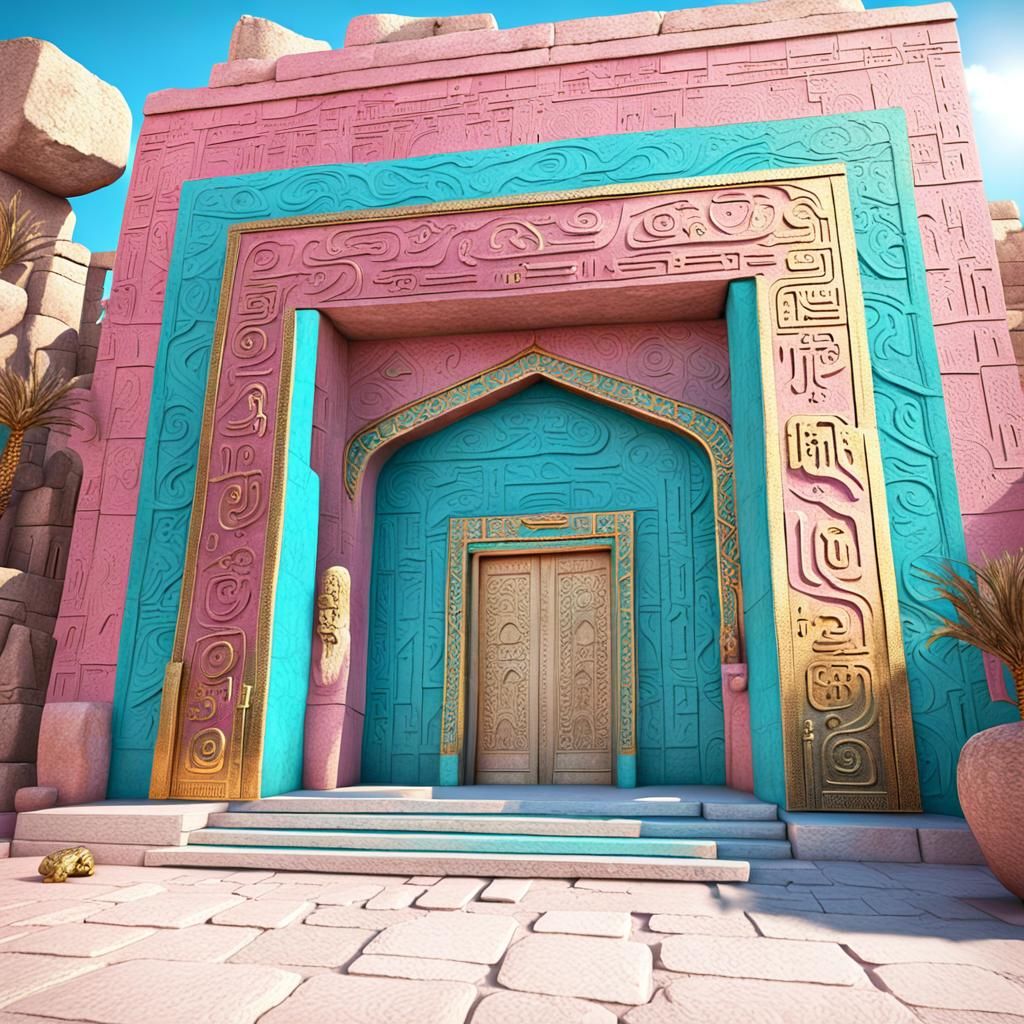 Pink Ziggurat Temple with Serpent Carving