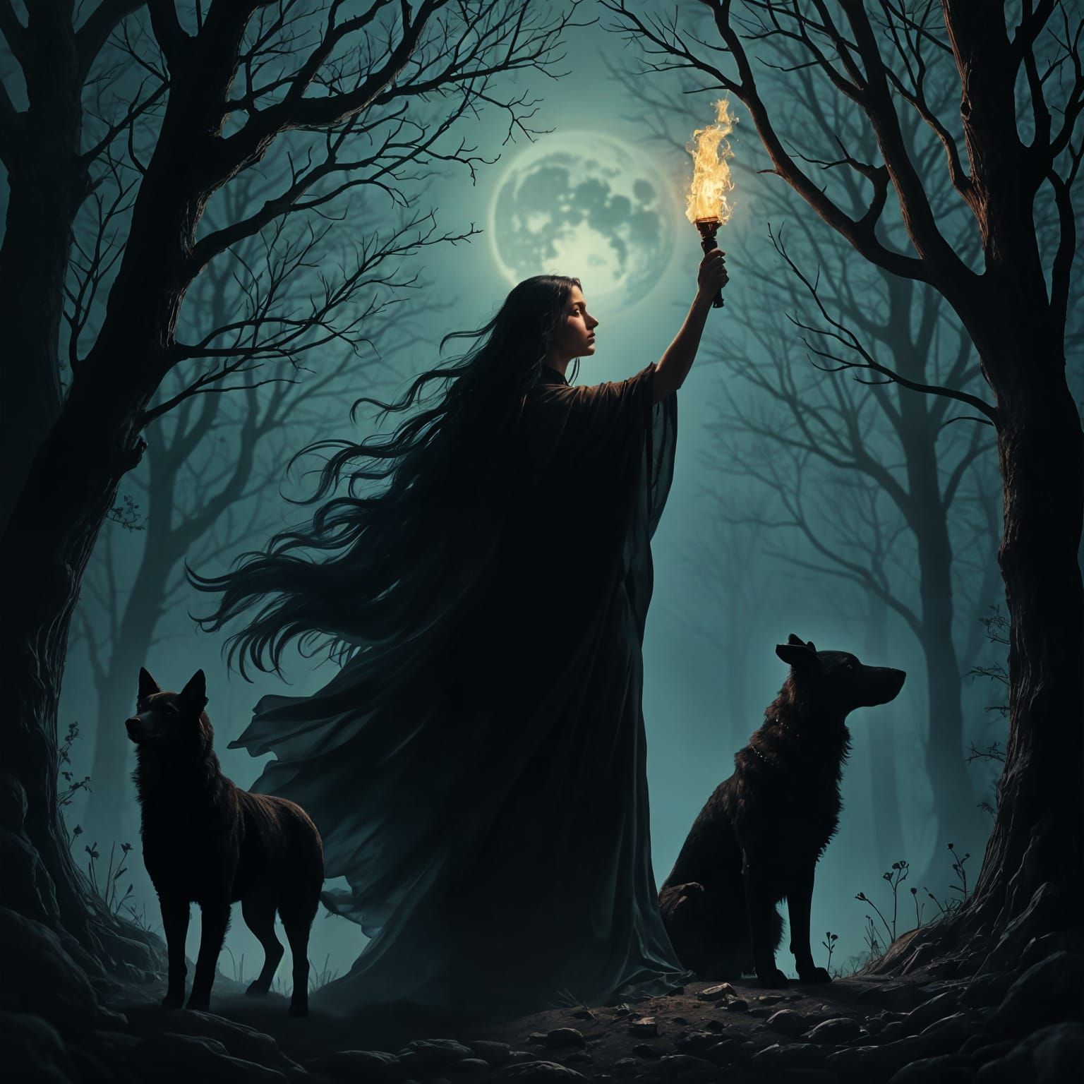 Goddess Hekate with Torch and Dogs in Forest