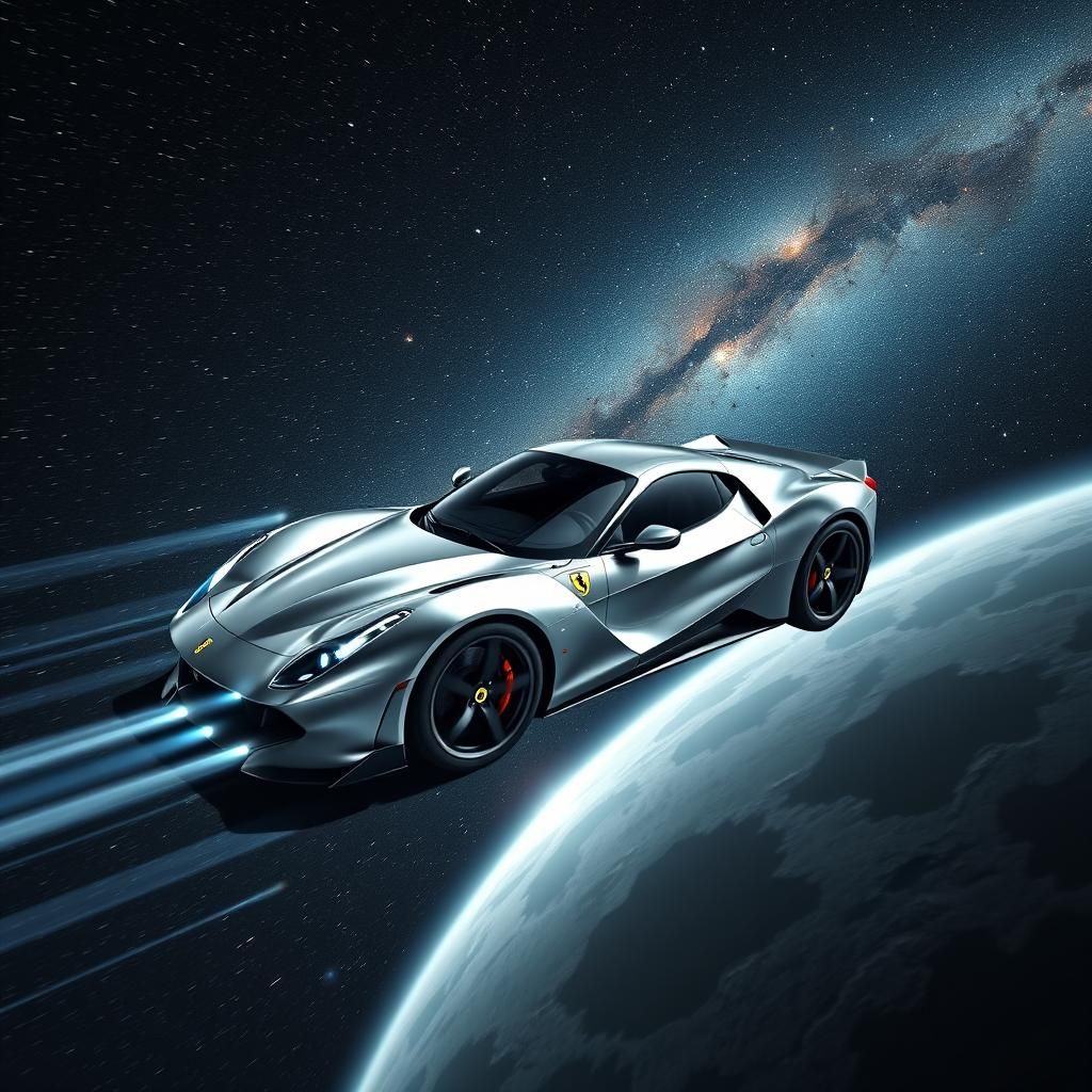 Silver Ferrari Speeds Through Milky Way Galaxy