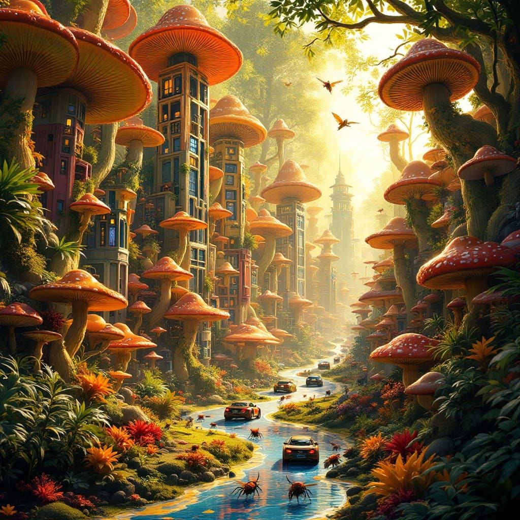 Surreal Cyberpunk Cityscape of Mushroom Skyscrapers