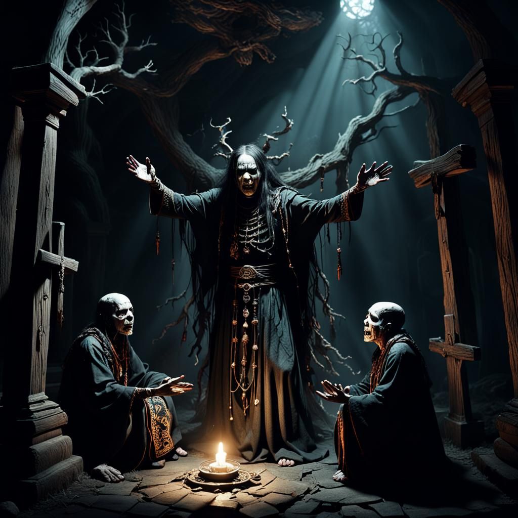 Gothic Exorcism by Shamans in Dark Fantasy Style