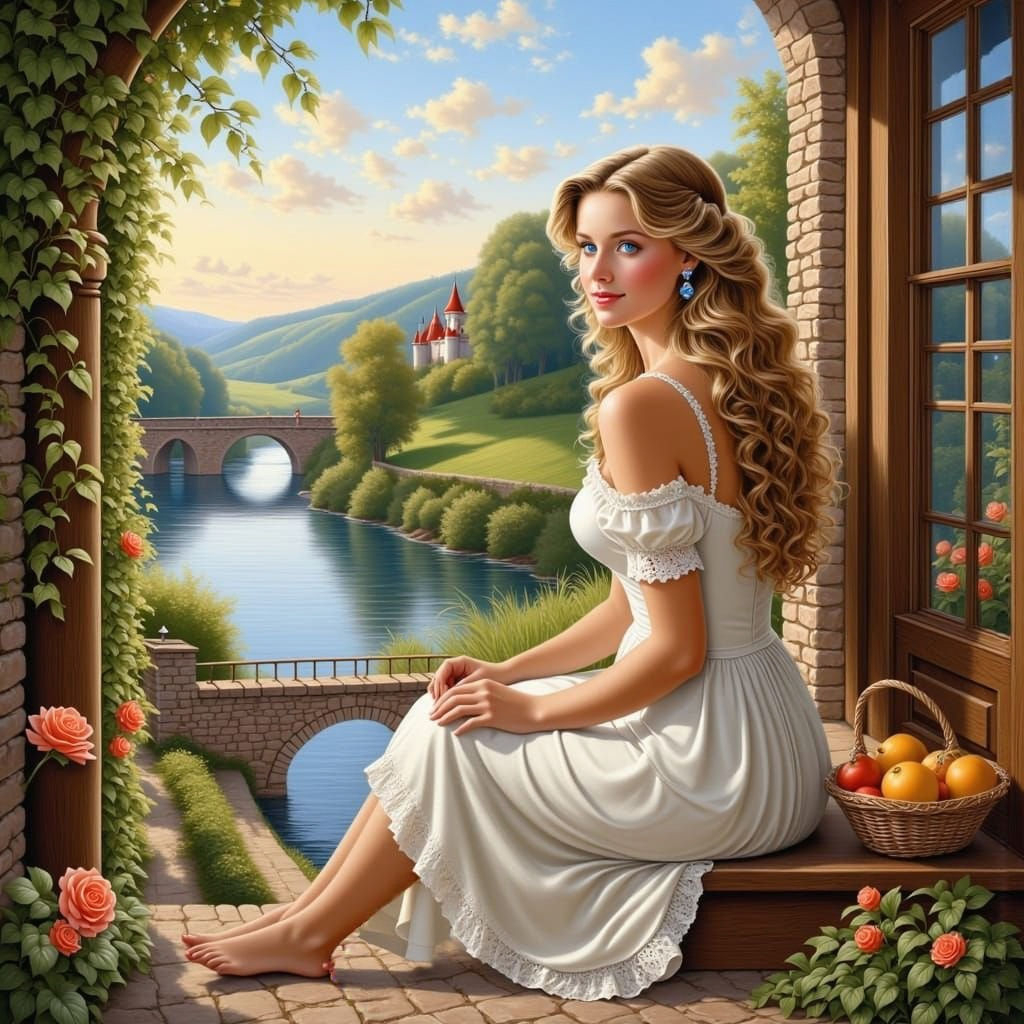 Serene Blond Woman with Fruit Basket by Rustic House