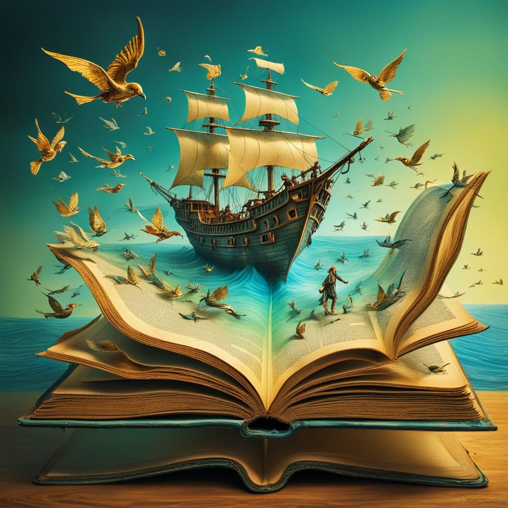 Pirate Ship Emerges from Book, Surreal Scene