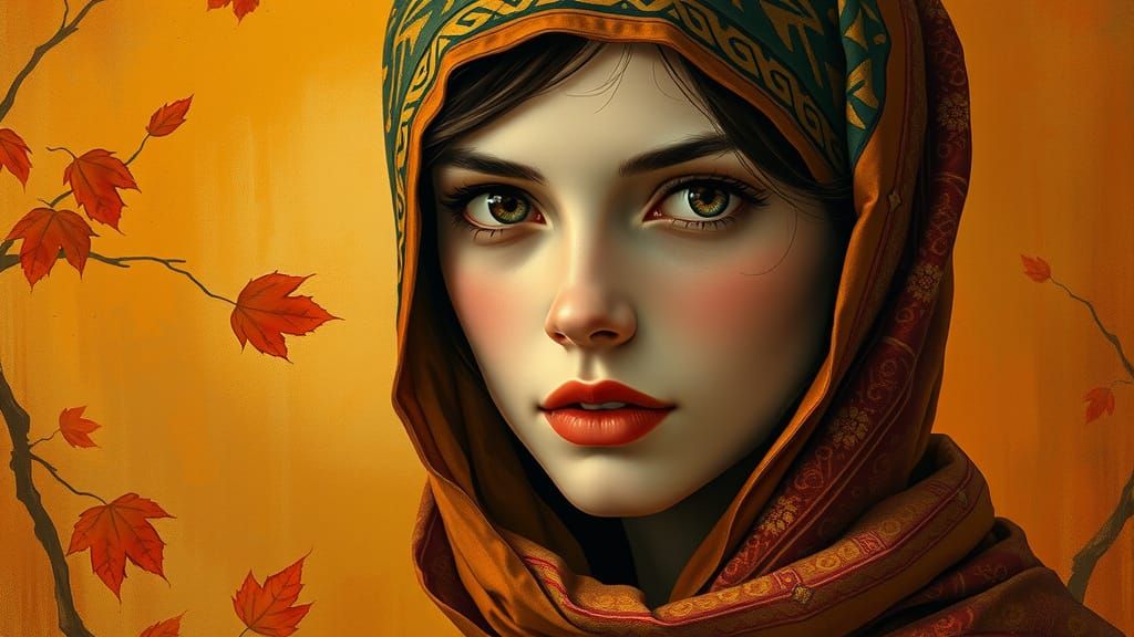 Ethereal Woman in Autumn Colors, Art Nouveau Style