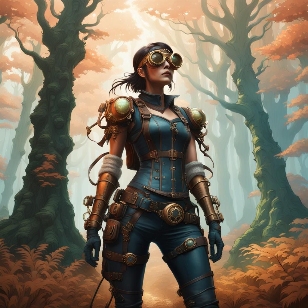 Steampunk Adventurer in Mystical Forest