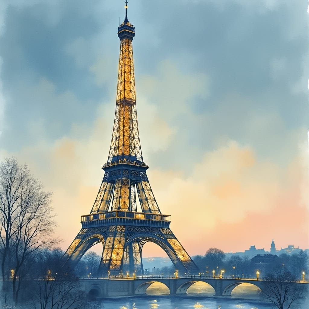 Eiffel Tower in Watercolor Art Nouveau Style