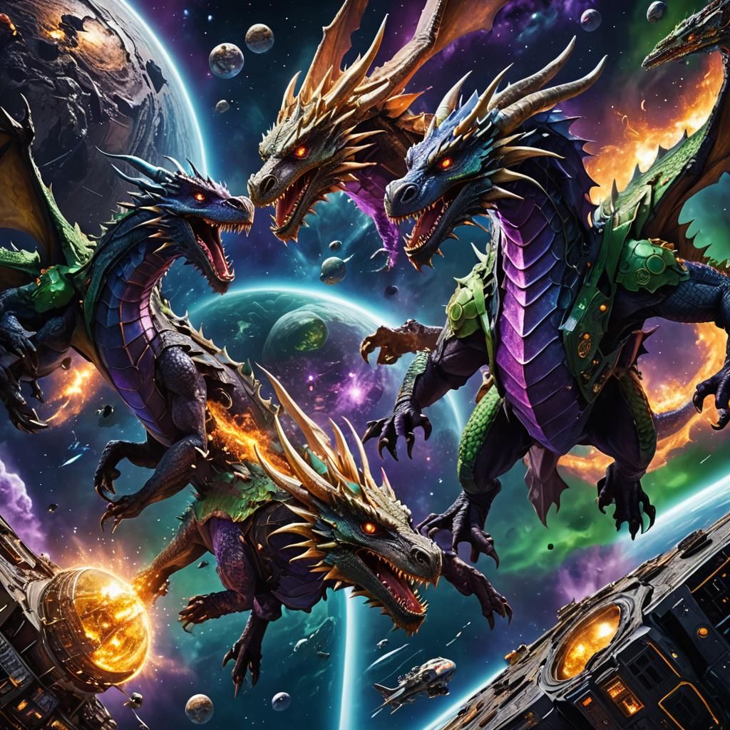 Dragons Attack Satellite in Science Fantasy Style