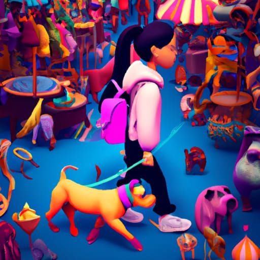 Girl Walks Puppy in Crowded Market: 3D Digital Art