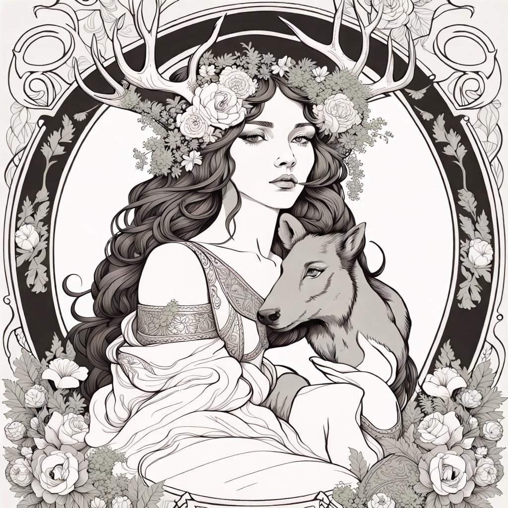 Girl with Antlers Riding Bear, Alphonse Mucha Style