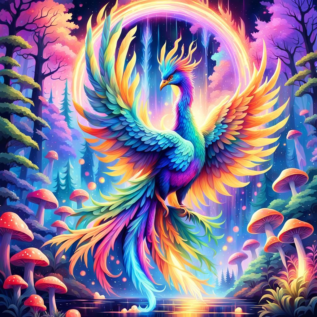 Rainbow Phoenix in Fantasy Forest: Cosmic Oil Painting