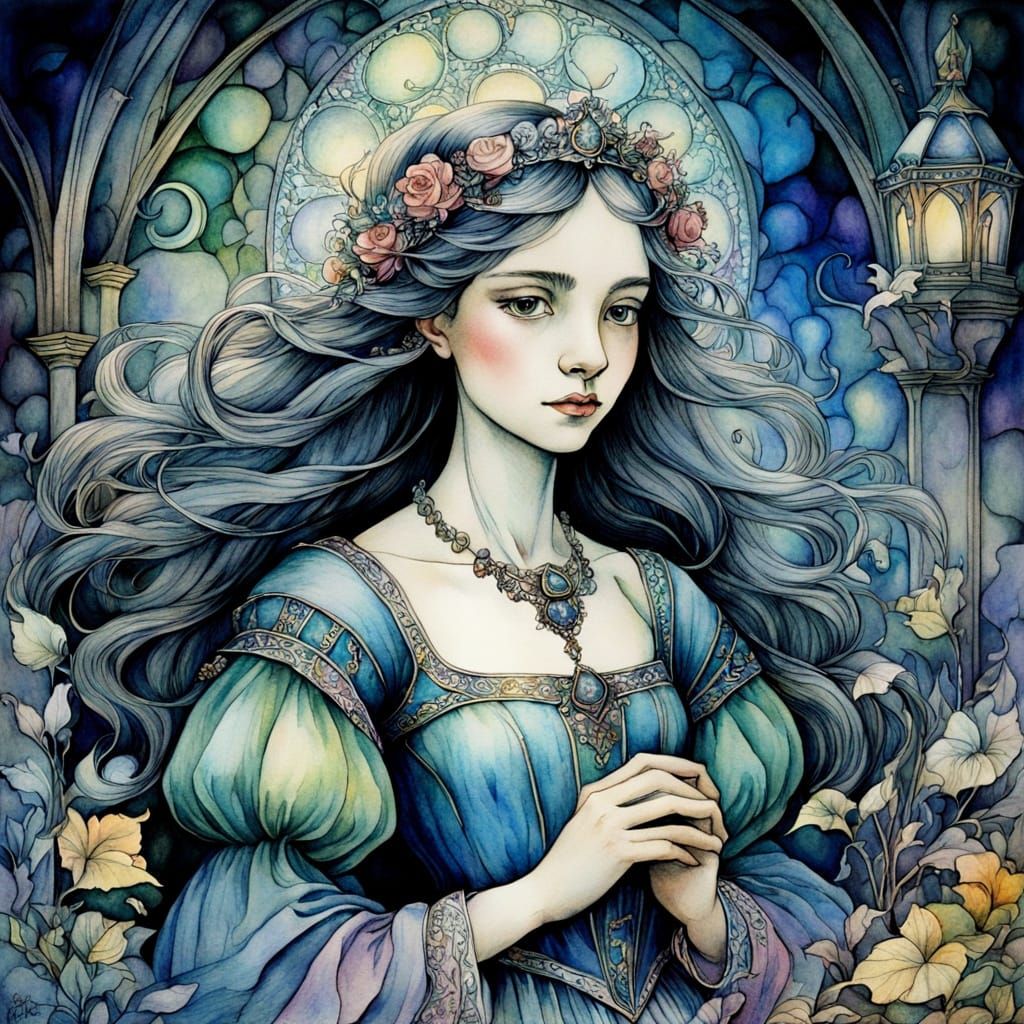 Fantasy Princess in Garden, Watercolor Illustration