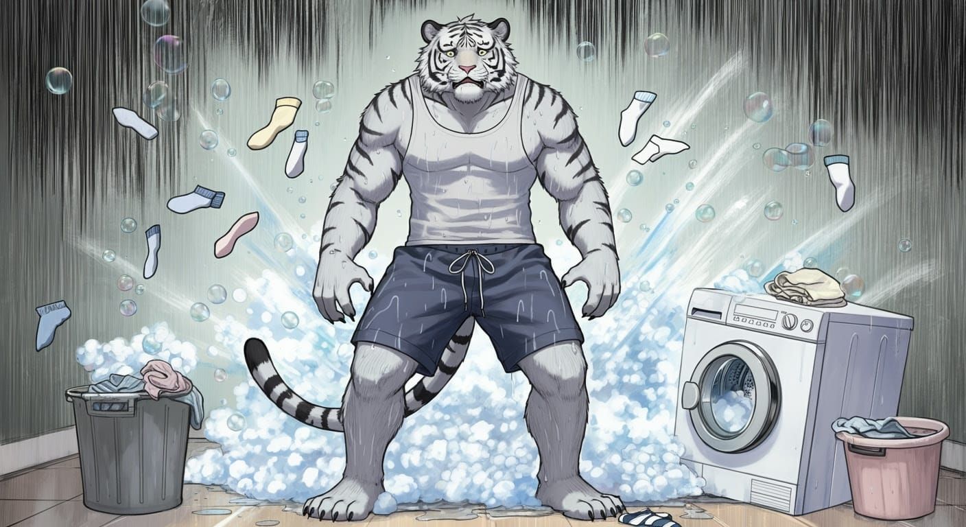 Anthropomorphic Tiger Laundry Disaster in Gag Manga Style