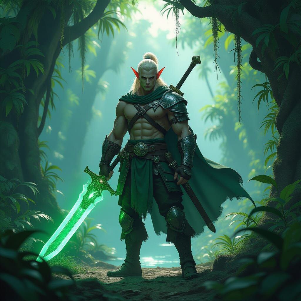 Elf Warrior in Jungle with Glowing Sword